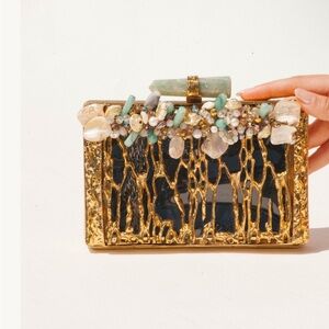 Ramla Zeina Purse Handbag Gold and Black Clutch with Gemstone Accents